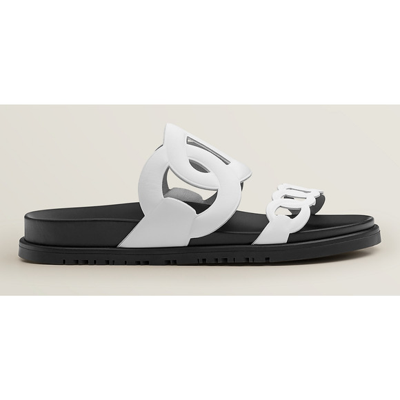 Hermes Extra Sandals White Black Chaine d'Ancre Leather Logo Slide Mule Flat 37 - Picture 3 of 12